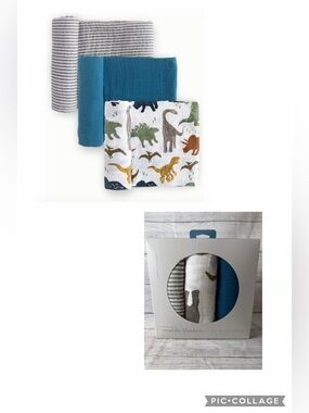 Little Unicorn 3-Pack Kids Muslin Swaddle Blankets - Blue, Gray Stripe, Dinosaur